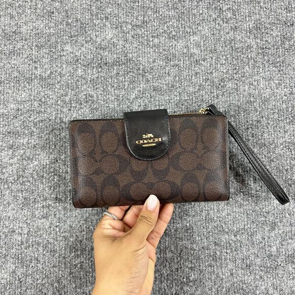 Coach Handbags - Coach Tech Phone Wallet Signature Canvas Brown Leather Wristlet Card Case